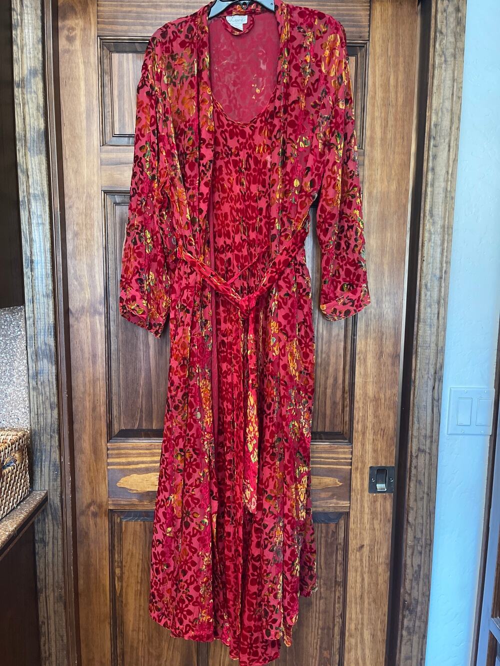 VTG Lasoie Burnout Velvet Robe & Dress Set Red Silk Blend Whimsigoth Flawed M